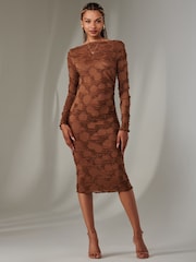 Jolie Moi Brown Long Sleeve Textured Midi Dress - Image 1 of 6