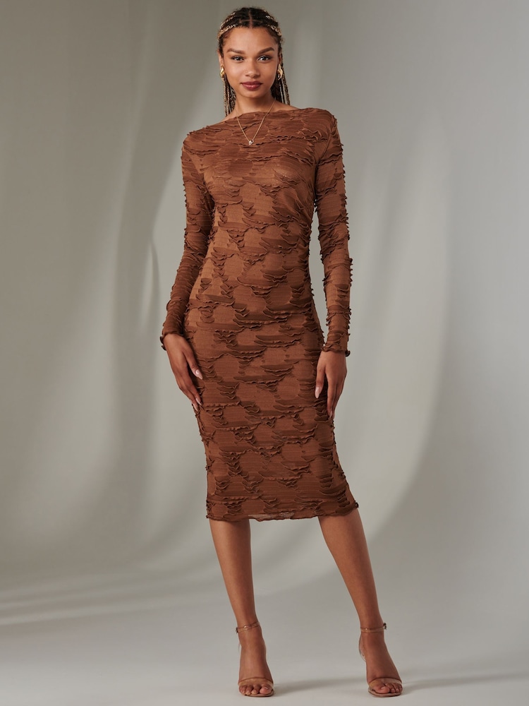 Jolie Moi Brown Long Sleeve Textured Midi Dress - Image 1 of 6