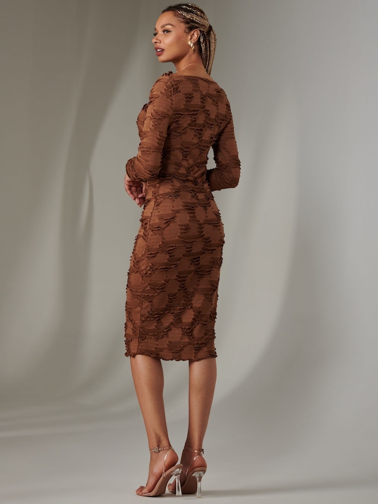Jolie Moi Brown Long Sleeve Textured Midi Dress - Image 2 of 6