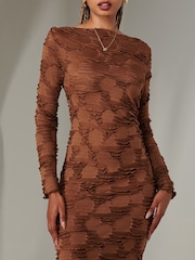 Jolie Moi Brown Long Sleeve Textured Midi Dress - Image 3 of 6