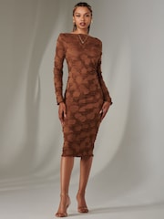 Jolie Moi Brown Long Sleeve Textured Midi Dress - Image 4 of 6