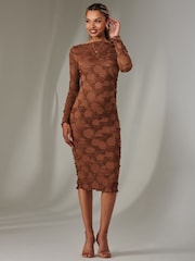 Jolie Moi Brown Long Sleeve Textured Midi Dress - Image 5 of 6