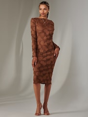 Jolie Moi Brown Long Sleeve Textured Midi Dress - Image 6 of 6