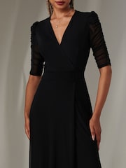 Jolie Moi Black Zeena Plain Wrap Mesh Maxi Dress - Image 3 of 6