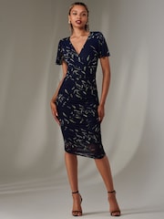 Jolie Moi Navy Angel Sleeve Ruched Bodycon Dress - Image 1 of 6
