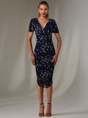 Jolie Moi Navy Angel Sleeve Ruched Bodycon Dress - Image 4 of 6