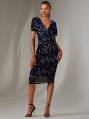 Jolie Moi Navy Angel Sleeve Ruched Bodycon Dress - Image 6 of 6