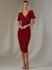 Jolie Moi Red Plain Angel Sleeve Ruched Bodycon Dress - Image 4 of 6