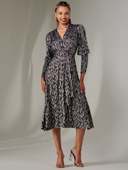 Jolie Moi Navy Layla Long Sleeve Metallic Wrap Dress - Image 1 of 6