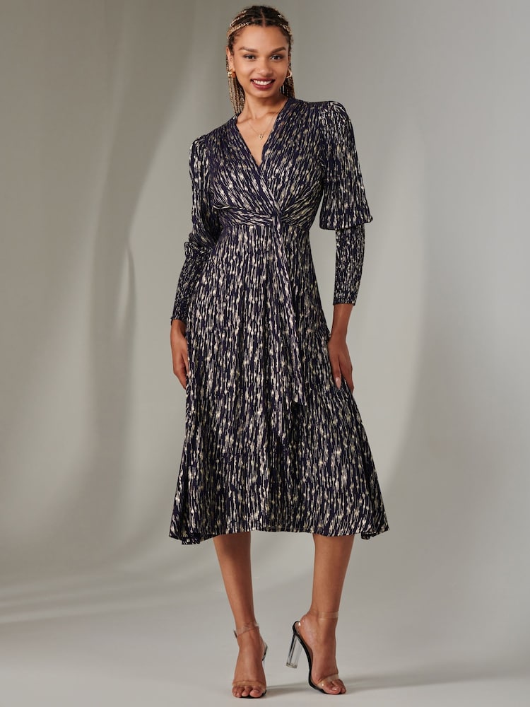 Jolie Moi Navy Layla Long Sleeve Metallic Wrap Dress - Image 1 of 6