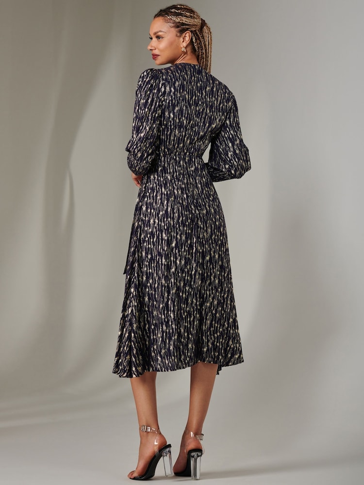 Jolie Moi Navy Layla Long Sleeve Metallic Wrap Dress - Image 2 of 6