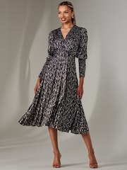 Jolie Moi Navy Layla Long Sleeve Metallic Wrap Dress - Image 5 of 6