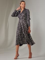 Jolie Moi Navy Layla Long Sleeve Metallic Wrap Dress - Image 6 of 6