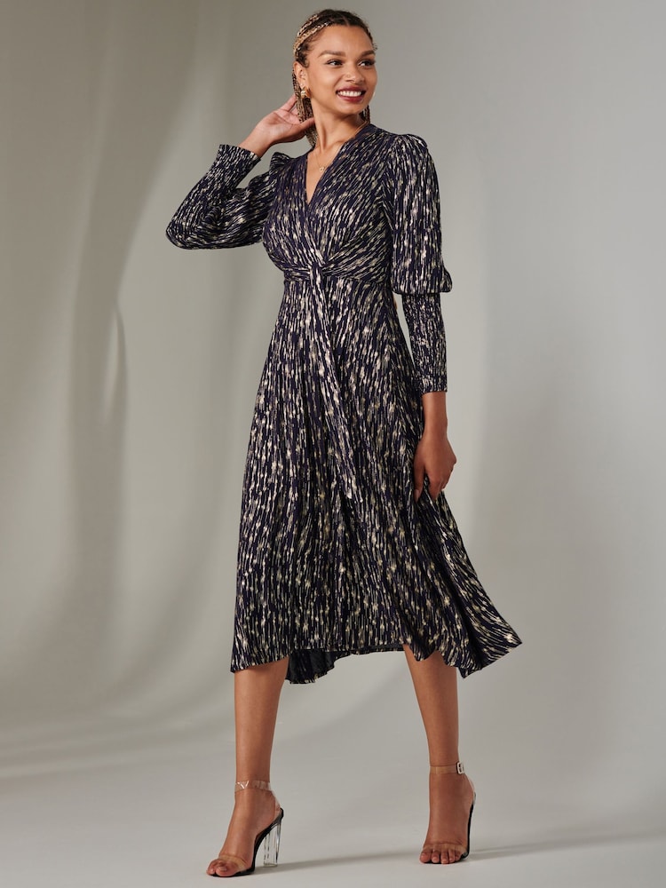 Jolie Moi Navy Layla Long Sleeve Metallic Wrap Dress - Image 6 of 6