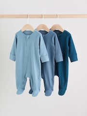 Blue 3 Pack Baby Two Way Zip Sleepsuits 3 Pack (0-2yrs) - Image 1 of 14