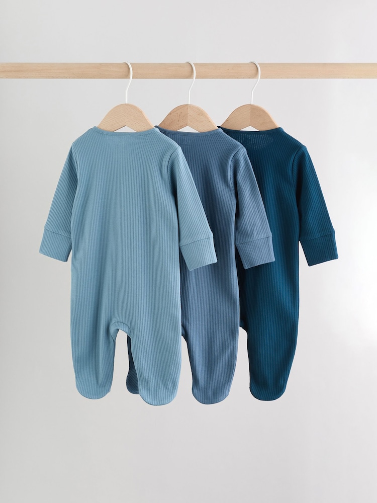Blue 3 Pack Baby Two Way Zip Sleepsuits 3 Pack (0-2yrs) - Image 2 of 14