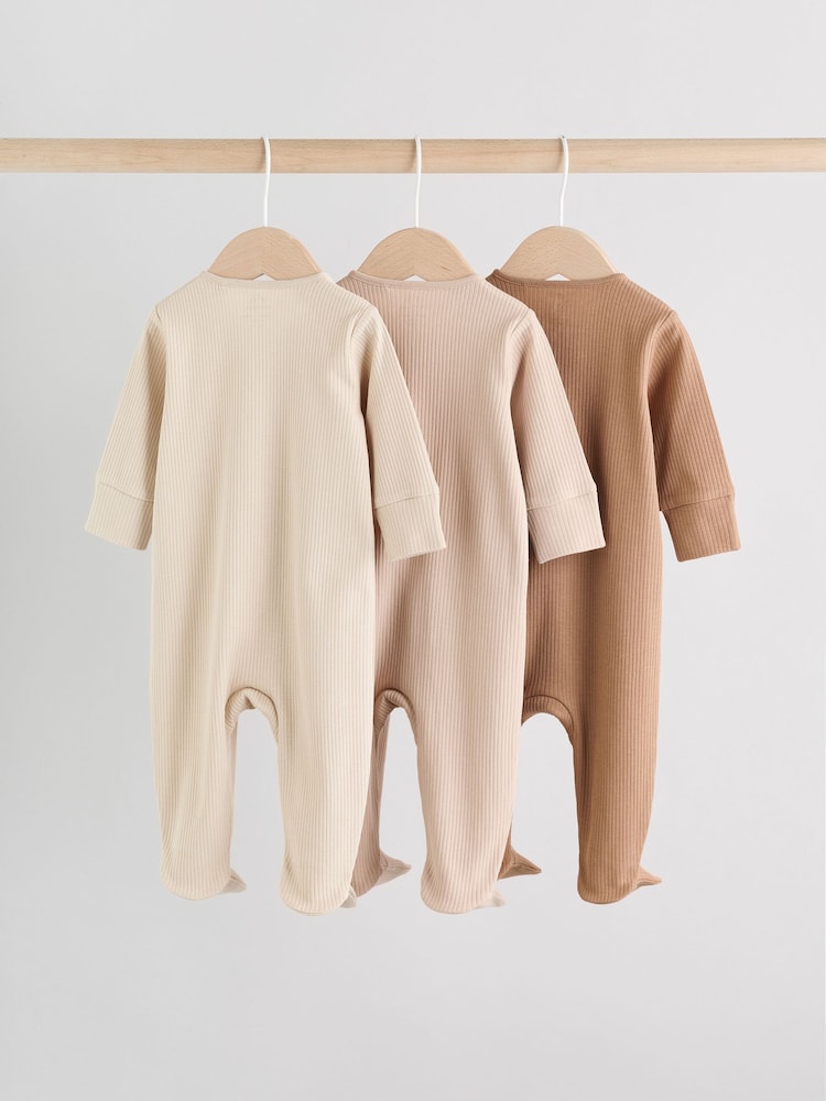 Beige Baby Two Way Zip Sleepsuits 3 Pack (0-2yrs) - Image 5 of 13