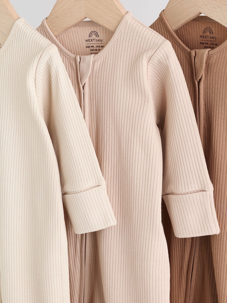 Beige Baby Two Way Zip Sleepsuits 3 Pack (0-2yrs) - Image 7 of 13