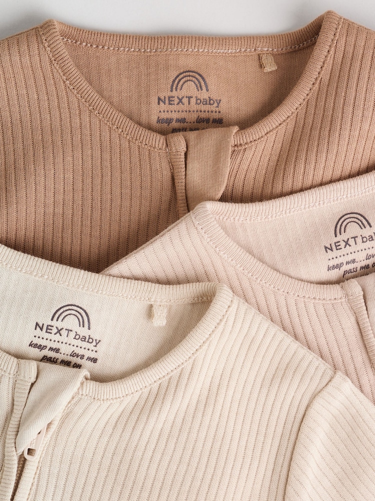 Beige Baby Two Way Zip Sleepsuits 3 Pack (0-2yrs) - Image 8 of 13