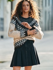 Washed Black 100% Cotton Pleated Denim Mini Skirt - Image 1 of 4