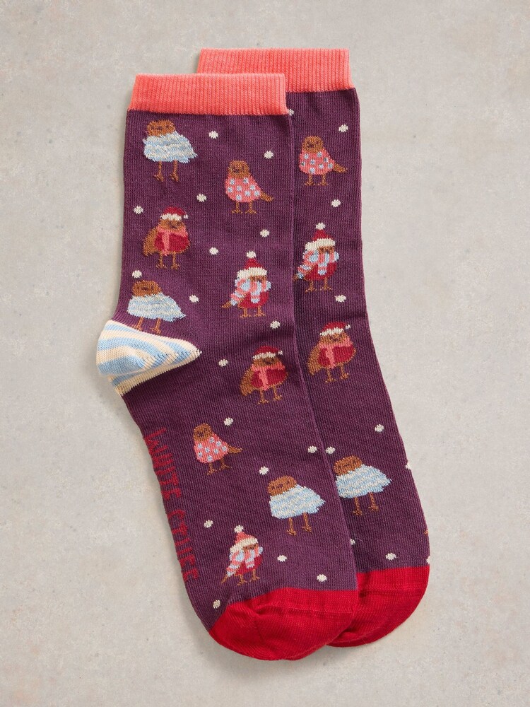 White Stuff Purple Christmas Cosy Robin Socks In A Cracker - Image 1 of 3