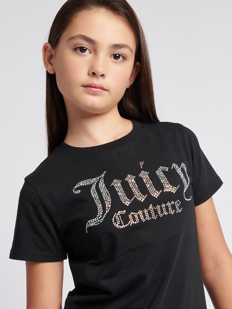 Juicy Couture Black Girls Fitted Diamante 100% Cotton T-Shirt - Image 2 of 7