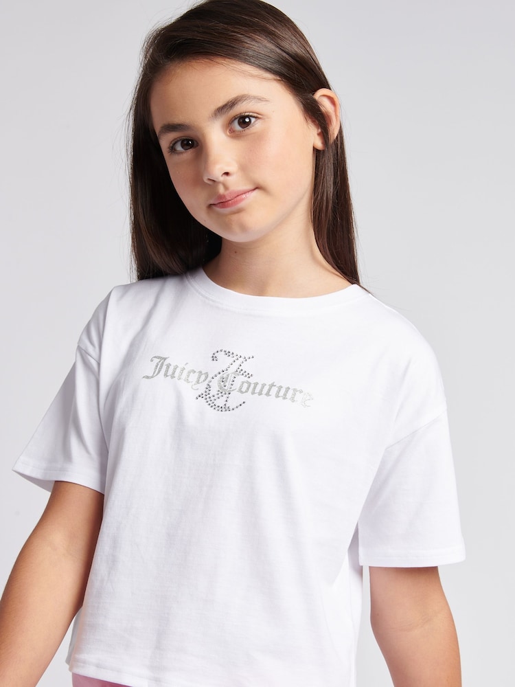 Juicy Couture White Girls Diamante & Glitter 100% Cotton JC T-Shirt - Image 2 of 7