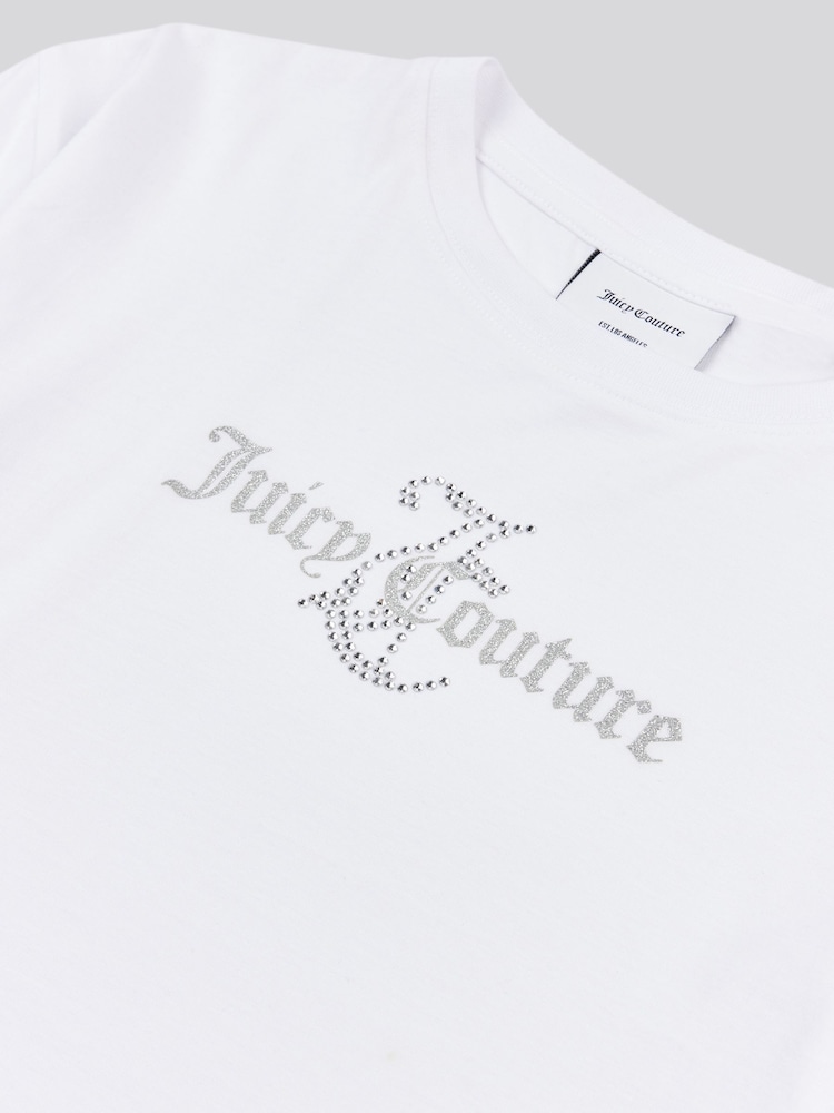 Juicy Couture White Girls Diamante & Glitter 100% Cotton JC T-Shirt - Image 7 of 7