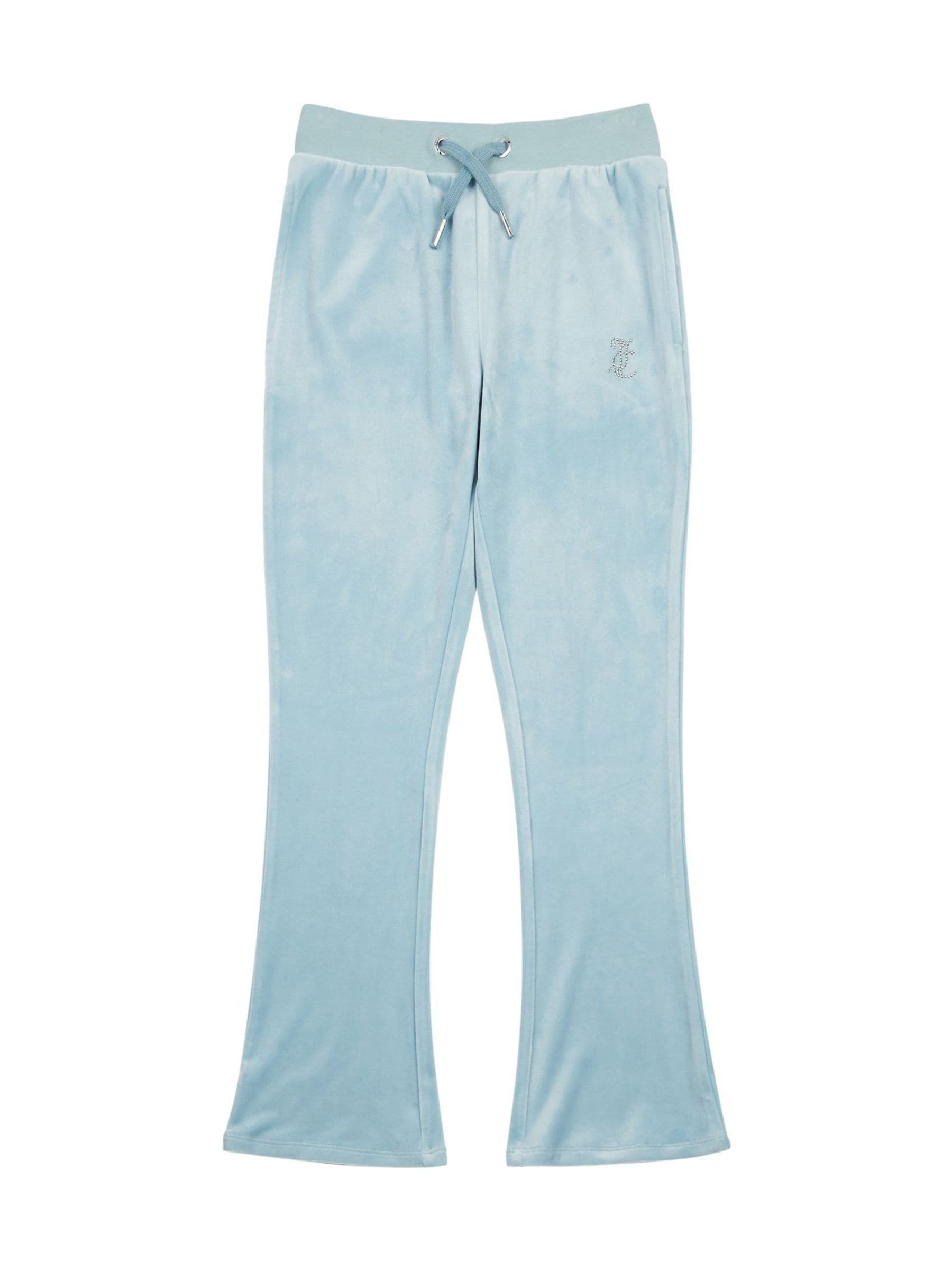Juicy Couture Girls Stone Blue Kids Diamante text Bootcut Leg Velour Jogging Bottoms