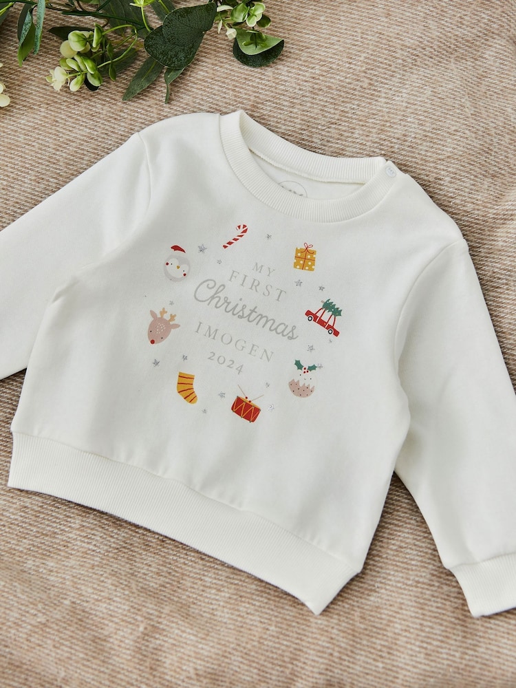 My 1st Years Cream Personalised My 1st Christmas Wreath 100% Cotton Sweatshirt - Image 1 of 5
