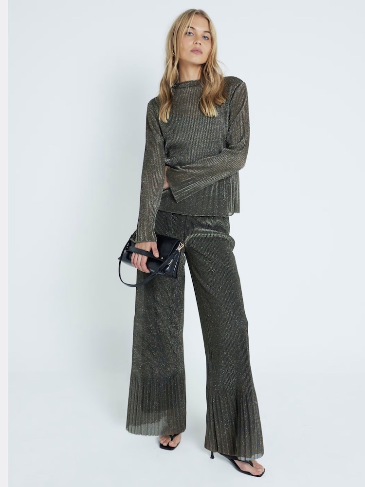 River Island Black/Gold Plisse Wide Leg Trousers - Image 1 of 6 River Island Black/Gold Plisse Wide Leg Trousers - Image 1 of 6