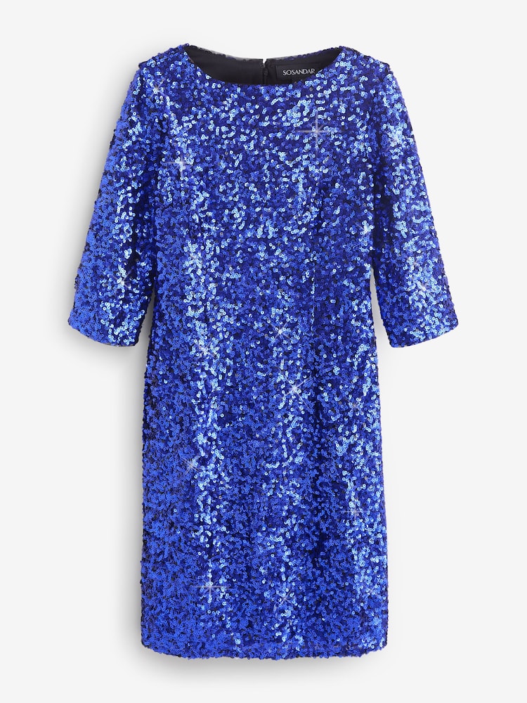Sosandar Blue Sequin Stretch Shift Dress - Image 6 of 6