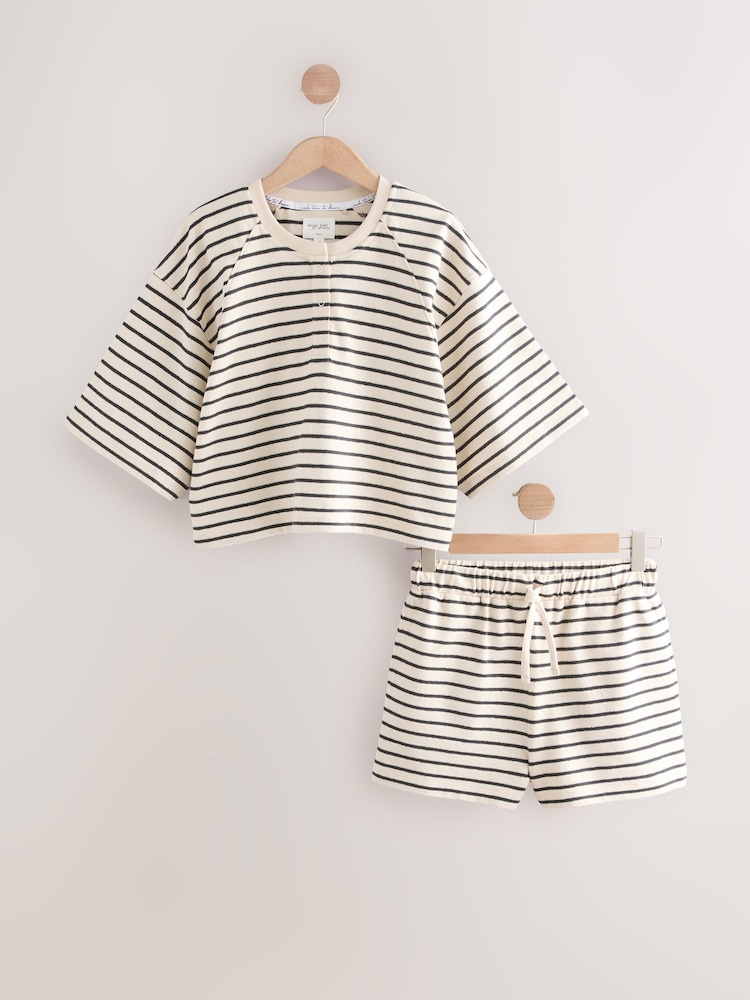 أسود/أبيض - 100% Cotton Textured Short Set Pyjamas - صورة 1 من 3