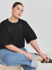 Simply Be Black Broderie Puff Sleeve 100% Cotton Blouse - Image 1 of 4