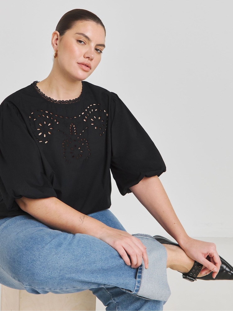 Simply Be Black Broderie Puff Sleeve 100% Cotton Blouse - Image 1 of 4