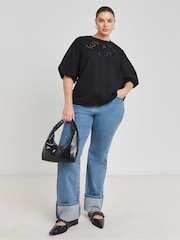 Simply Be Black Broderie Puff Sleeve 100% Cotton Blouse - Image 3 of 4