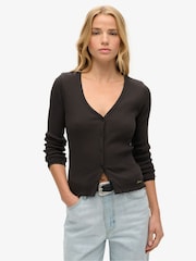 Superdry Brown Essential Button Through Long Sleeve Top - Image 1 of 3