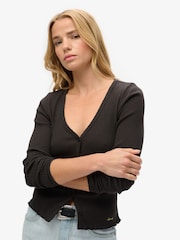 Superdry Brown Essential Button Through Long Sleeve Top - Image 2 of 3