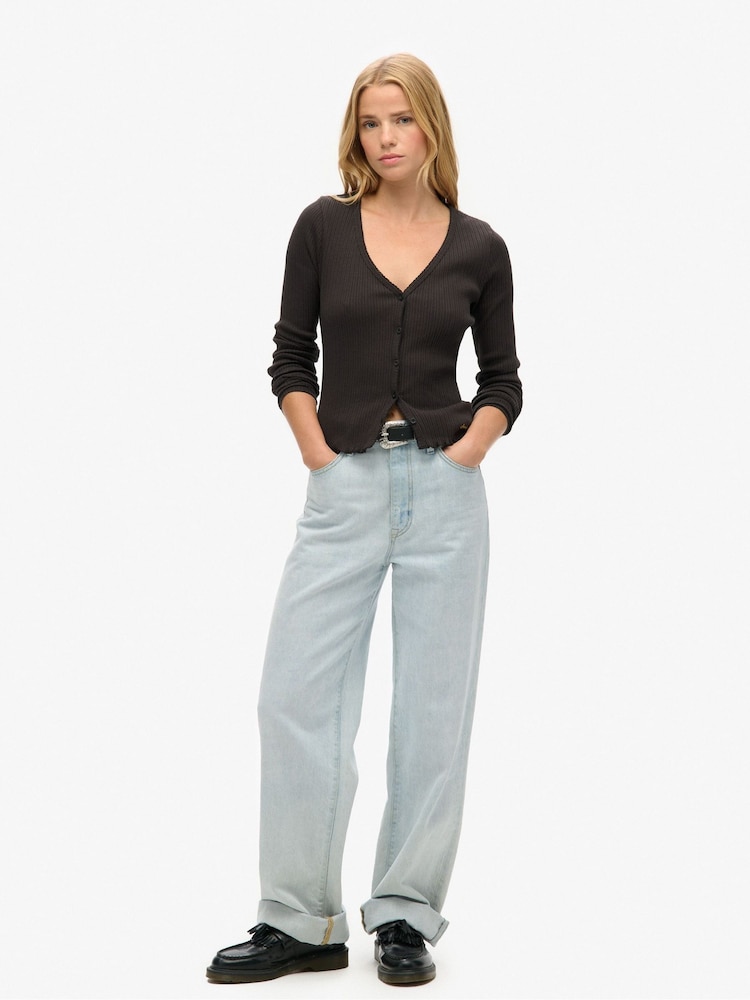 Superdry Brown Essential Button Through Long Sleeve Top - Image 3 of 3