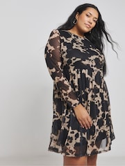 Simply Be Brown Printed Mesh Skater Dress - Image 1 of 4
