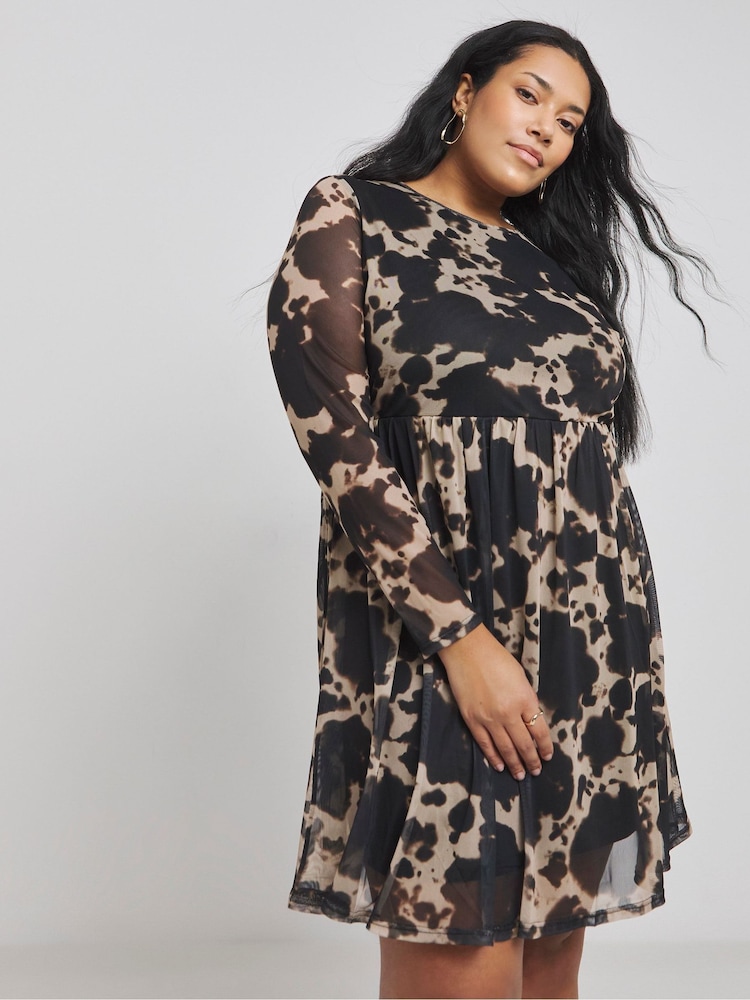 Simply Be Brown Printed Mesh Skater Dress - Image 1 of 4