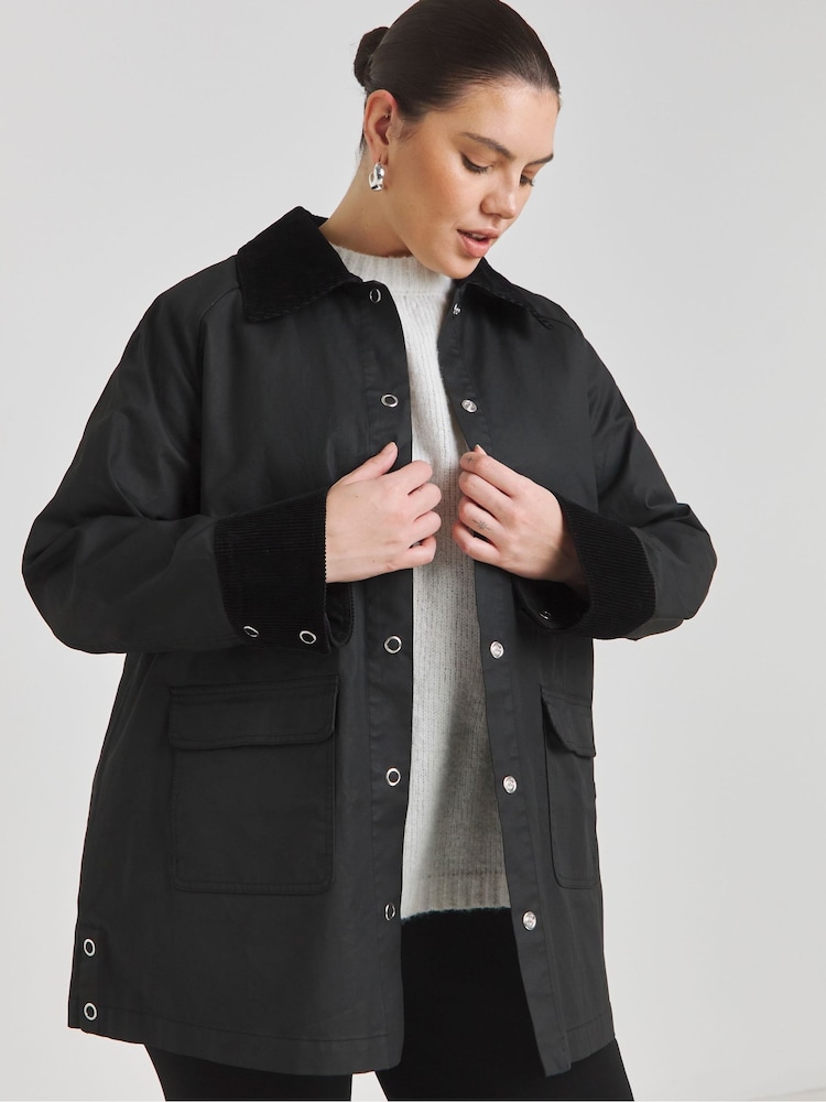 Simply Be Black Corduroy Collar Wax Jacket - Image 1 of 4