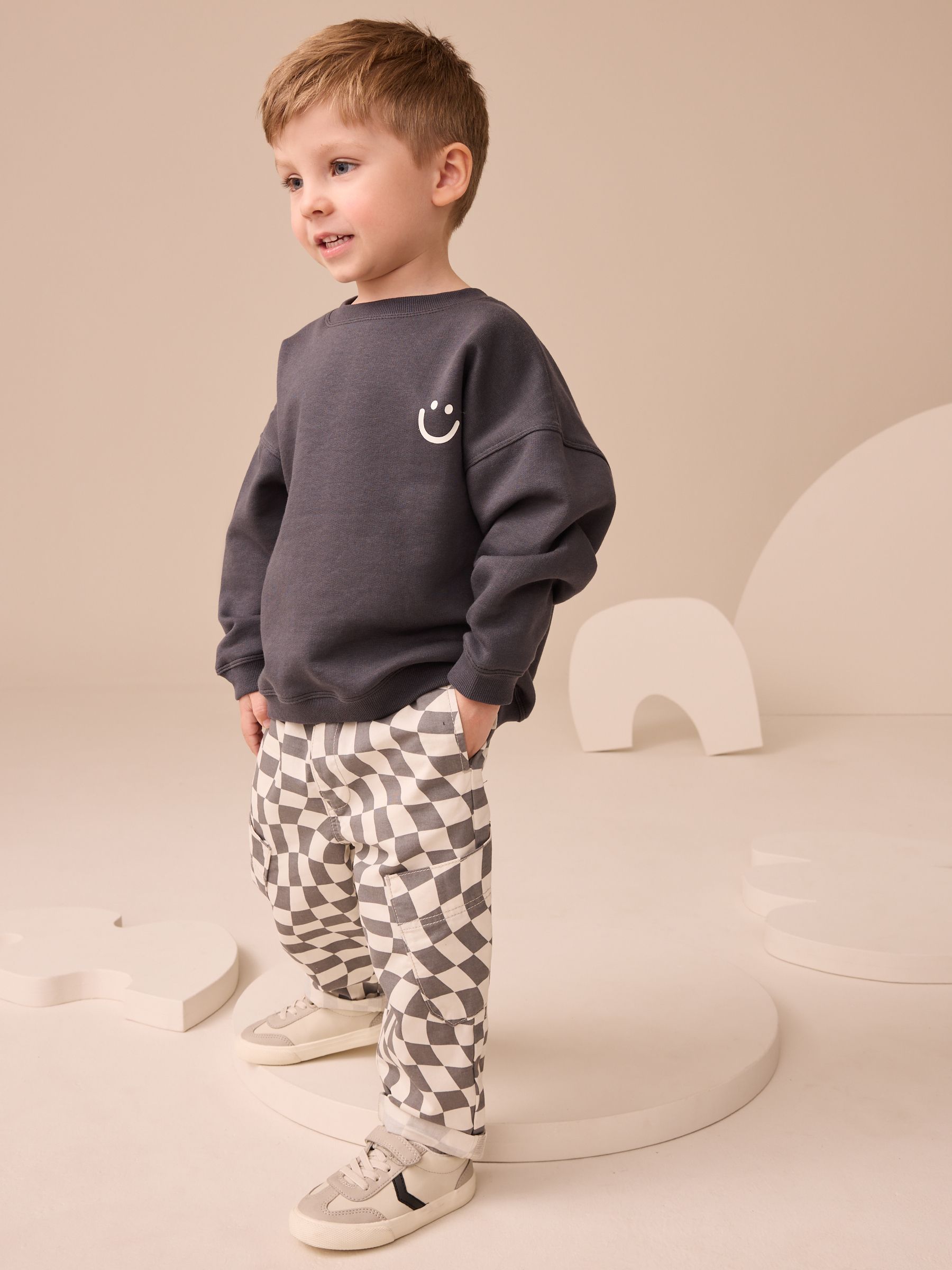 Buy Charcoal Checkerboard Long Sleeve T-Shirt & Trousers Set
