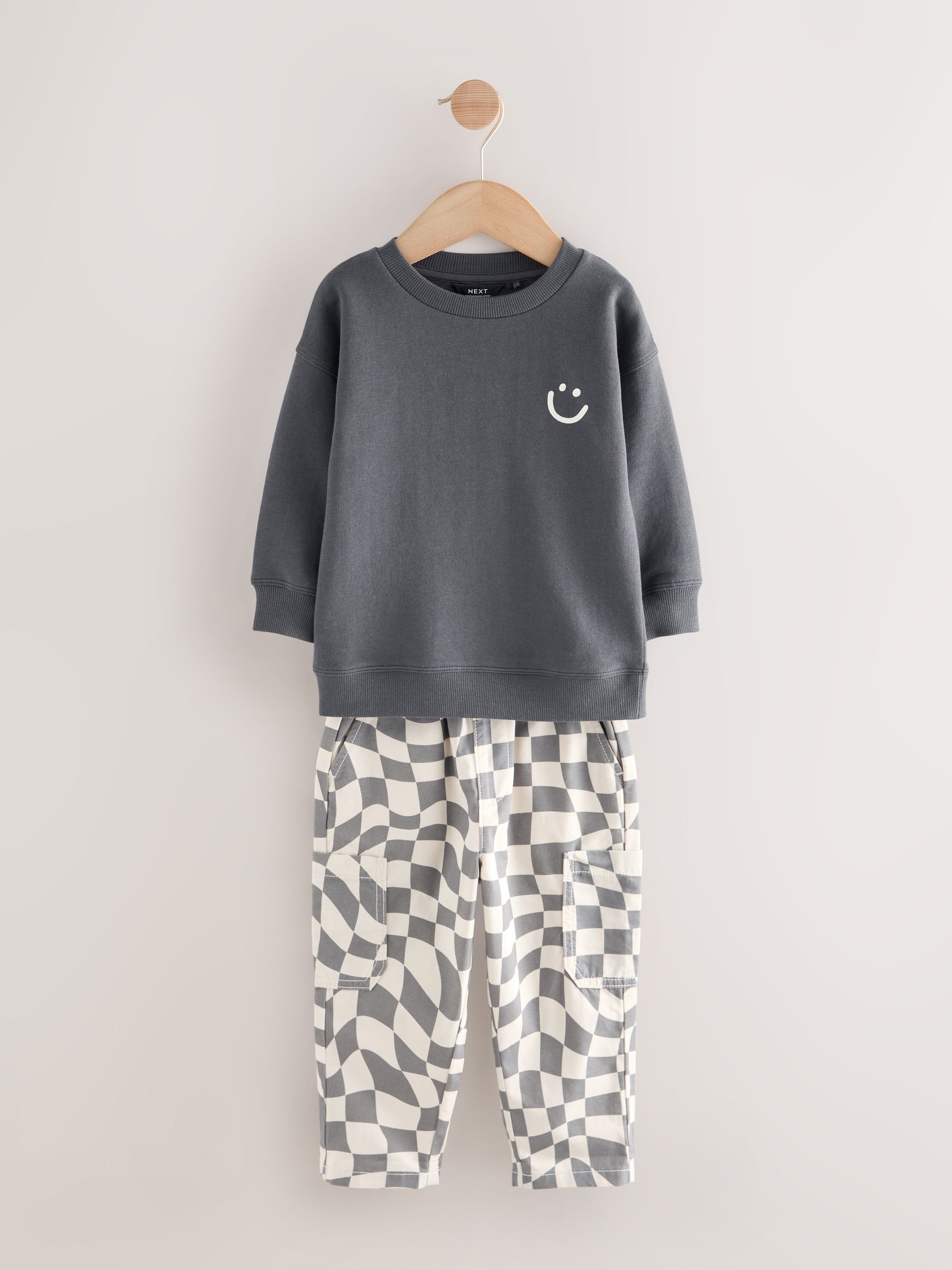 Buy Charcoal Checkerboard Long Sleeve T-Shirt & Trousers Set