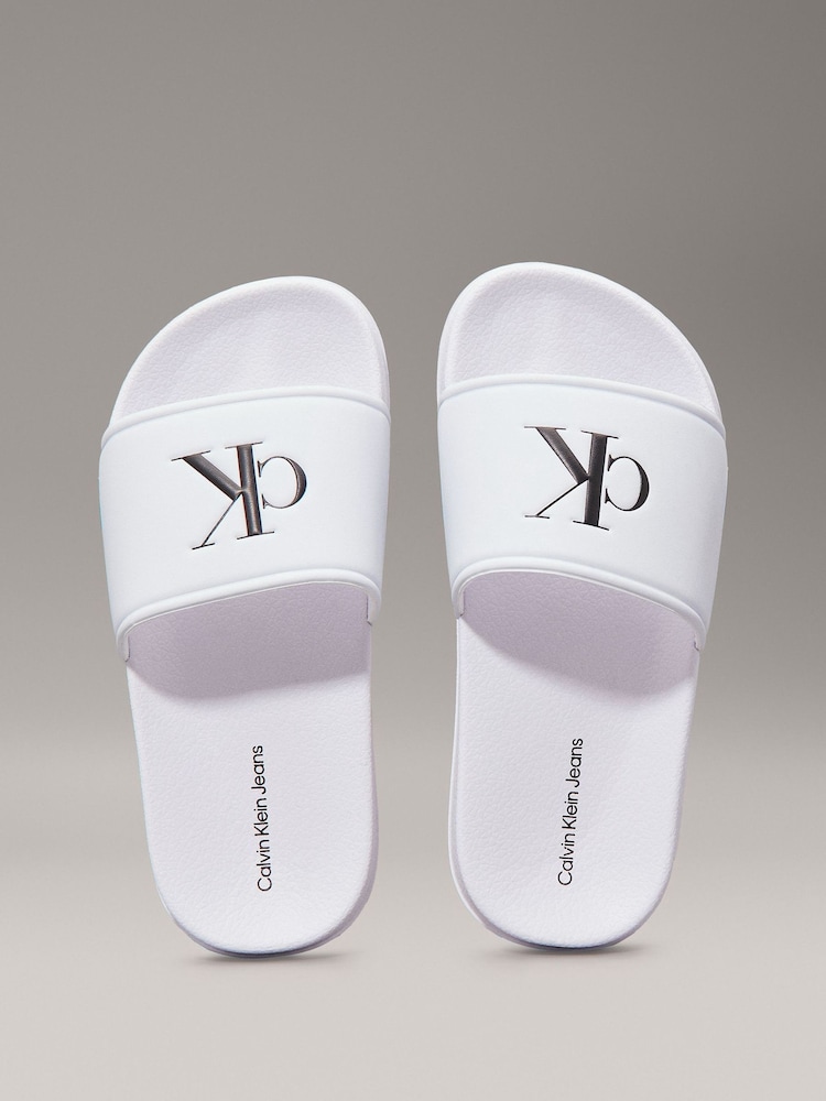Calvin Klein White Logo Print Pool Slides - Image 3 of 5