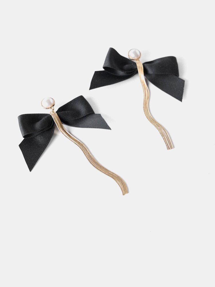Mint Velvet Gold Tone Bow Pearl Drop Earrings - Image 2 of 2