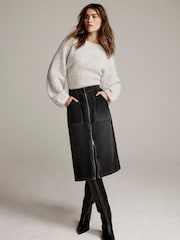 Mint Velvet Black Washed 100% Cotton Denim Zip Midi Skirt - Image 1 of 7