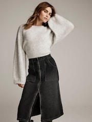 Mint Velvet Black Washed 100% Cotton Denim Zip Midi Skirt - Image 3 of 7