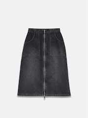 Mint Velvet Black Washed 100% Cotton Denim Zip Midi Skirt - Image 6 of 7