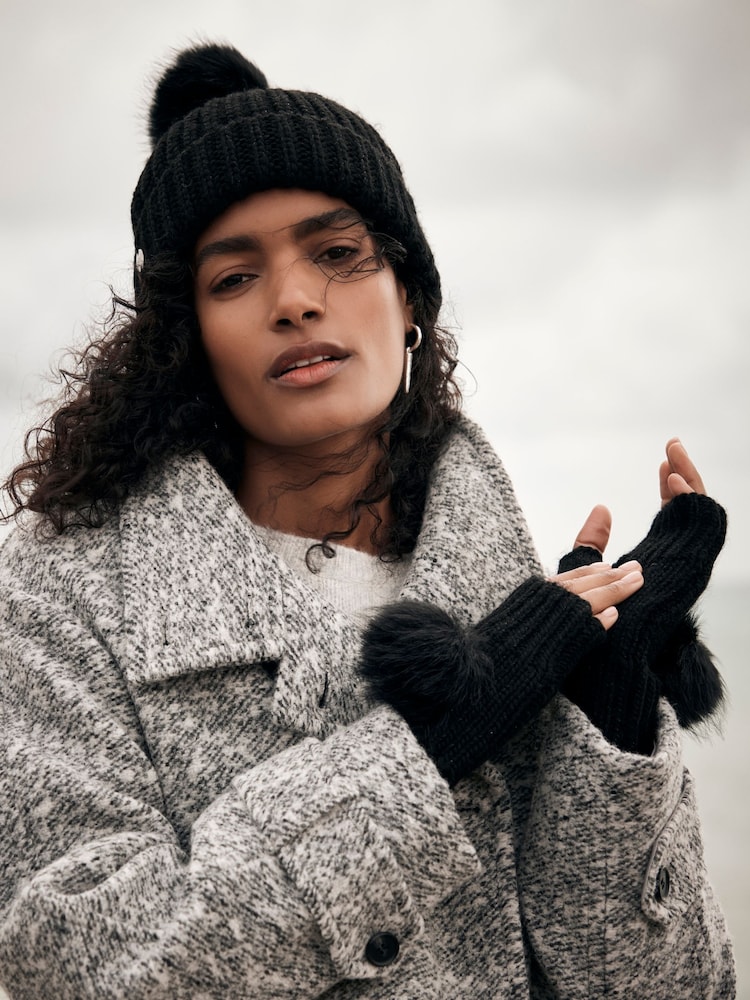 Mint Velvet Black Faux Fur Pom Pom Hand Warmers - Image 1 of 2